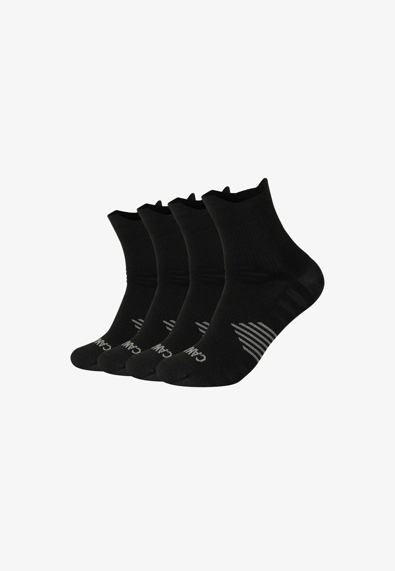 Sorte ankelstrømper i sæt af fire, med ribbet tekstur, forstærket tå og sporty grå striber for greb og visuelt interesse.