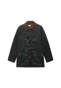 Giacca di cotone nera con colletto in corduroy marrone, due tasche frontali, chiusura con bottoni a pressione e maniche lunghe. Tessuto textured.