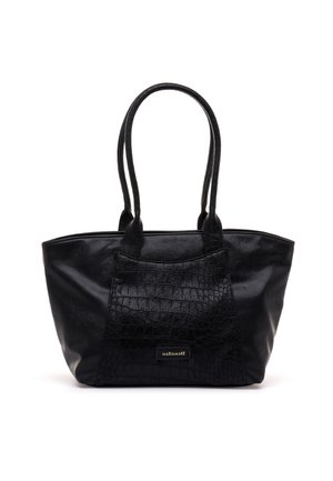 Bolso tote negro de piel sintética con asas dobles, bolsillo delantero con textura de cocodrilo y pequeña etiqueta "MARIAMARE" sobre fondo blanco.