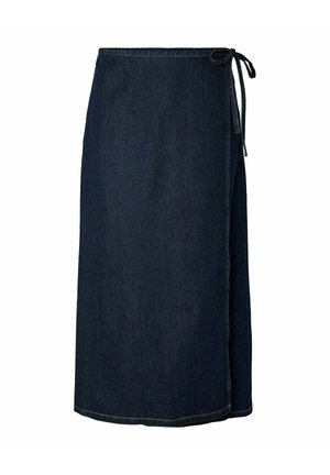 Tumesinine teksast wrap-seelik külgtiega ja äärejoonisel nähtavate õmblustega, põlvekõrgune.