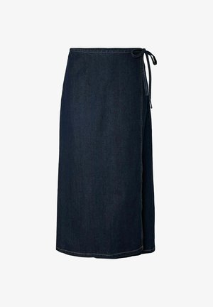 Tumesinine teksast wrap-seelik külgtiega ja äärejoonisel nähtavate õmblustega, põlvekõrgune.