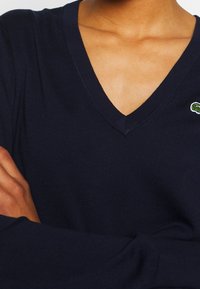 Personne portant un pull bleu marine à col en V, les bras croisés, avec un petit logo vert brodé sur la poitrine.
