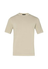 T-shirt beige chiaro a maniche corte con scollo rotondo. Tessuto morbido, superficie liscia e design semplice ed essenziale. Senza motivi né dettagli.