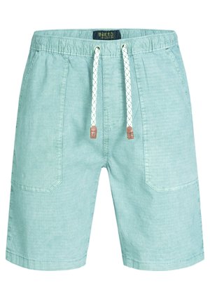 Pantaloncini casual da uomo azzurri con girovita elastico, coulisse bianca con punte marroni e tasche a toppa frontali.