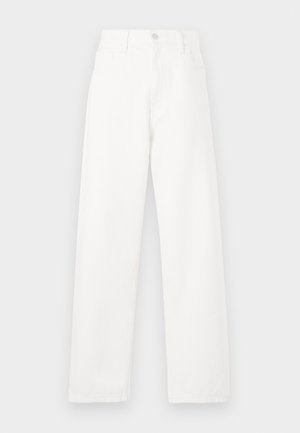 White denim pants with a high waist, straight leg design, visible stitching, five-pocket styling, and a metal button closure.