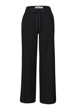Pantalon noir à jambes larges avec taille élastique et cordon de serrage, tissu texturé, style décontracté.