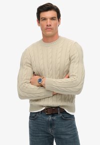 Pullover in maglia beige con scollatura a girocollo. Indossato su jeans scuri, completato da un orologio dorato con quadrante blu. Texture accogliente ben visibile.