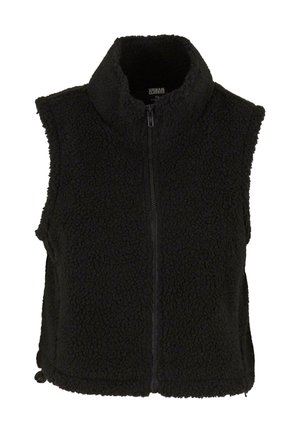 Gilet in pile nero con colletto alto, chiusura con zip e senza maniche. Caratterizzato da una superficie testurizzata e orlo regolabile con toggle laterali.