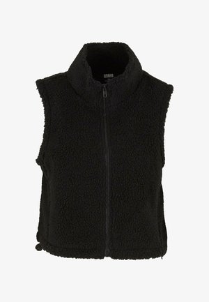 Gilet in pile nero con colletto alto, chiusura con zip e senza maniche. Caratterizzato da una superficie testurizzata e orlo regolabile con toggle laterali.