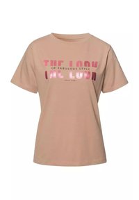 Beżowa bawełniana koszulka z krótkim rękawem, z wyraźnym różowym napisem "WYGLĄD DOSKONAŁEGO STYLU" w błyszczącej wersji.