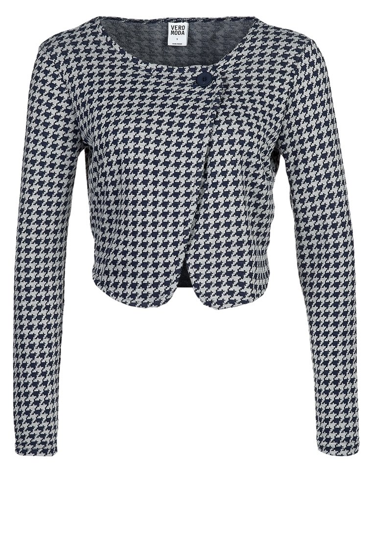 Marinblå och vit hundtandsrutigt kort cardigan med långa ärmar, rund halsringning och en enda knäppning. Mjuk stickad tyg.