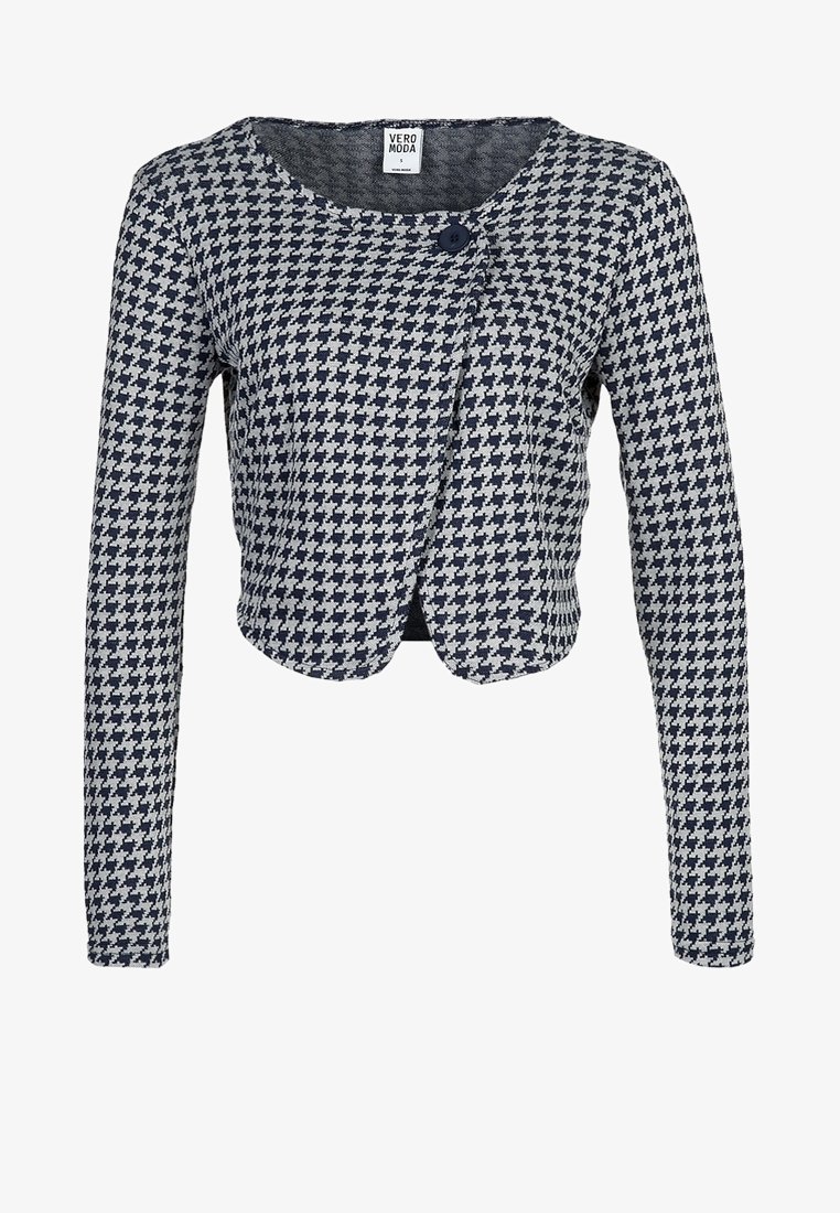 Navy and white houndstooth cropped cardigan with long sleeves, round neckline, and a single button closure. Soft knit fabric.