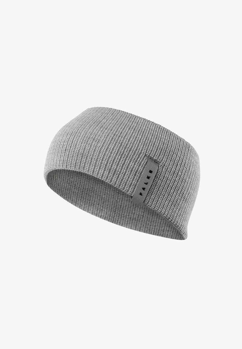 Bandeau en tricot gris avec un motif texturé et une étiquette cousue. Matériau doux conçu pour la chaleur, offrant un ajustement confortable.