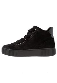 Black suede high-top sneaker with thick rubber sole, lace-up front, and glossy black heel tab, shown in side profile.