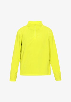 Langarm, pullover met ritssluiting in fel neon geel, gemaakt van zachte stof met een gladde textuur en minimale stikseldetails.