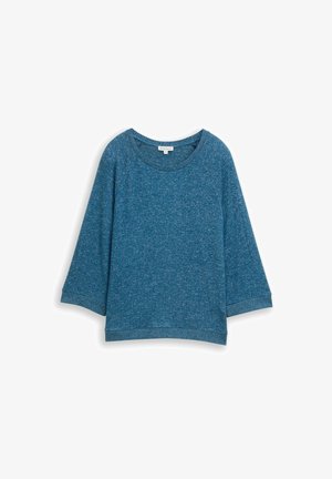 Sweatshirt bleu à manches longues en tissu texturé. Dispose d'un col rond et de poignets et d'une base côtelés.