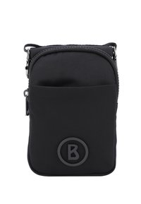 Borsa a tracolla nera in nylon con chiusura zip, tasca frontale e un logo circolare con una "B". Texture liscia e forma rettangolare.