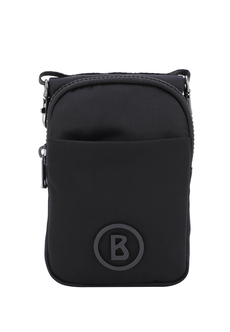 Borsa a tracolla nera in nylon con chiusura zip, tasca frontale e un logo circolare con una "B". Texture liscia e forma rettangolare.