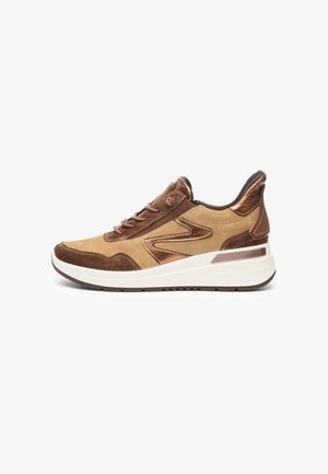 Brown and tan sneaker with a sleek design, made of suede and leather, featuring a cushioned white sole and brown accents.