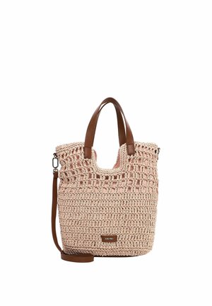 Borsa tote intrecciata beige con manici in pelle marrone, tracolla staccabile e piccola etichetta rettangolare del marchio sulla parte anteriore.