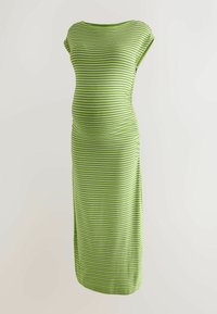 Green striped dress with short sleeves, fitted at the bust, and side ruching, made from a soft, stretchy fabric. Midi-length design.