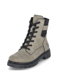 Bottes en tissu gris à lacets avec une finition en daim, semelle en caoutchouc noir et panneau élastique. Comprend des œillets en métal et des détails de couture.