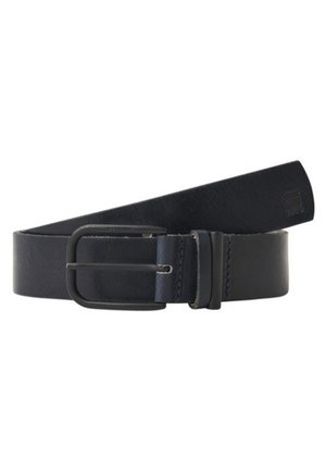 Ceinture en cuir noir avec boucle rectangulaire noire mate, deux passants de ceinture et finition lisse, enroulée à une extrémité.