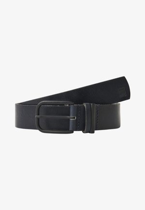 Ceinture en cuir noir avec boucle rectangulaire noire mate, deux passants de ceinture et finition lisse, enroulée à une extrémité.