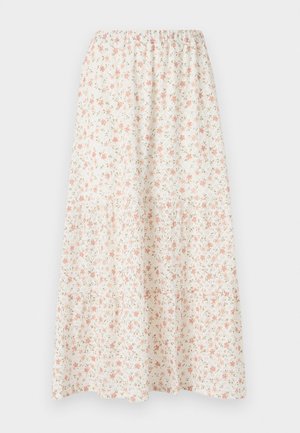 Blommig midikjol med vit bakgrund och rosa och gröna blommor, elastisk midja och lagerdesign för extra volym.