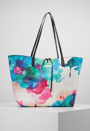 Bolsa tote con asas negras y un patrón floral abstracto y colorido en azul, verde, rosa y púrpura sobre un fondo blanco.