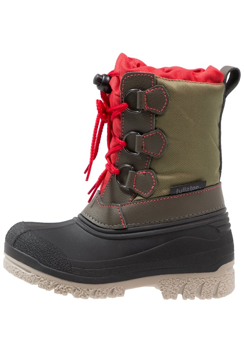 Wodoodporny trzewik na sznurowadła z czarną gumową podeszwą, zieloną nylonową cholewką, czerwonym mankietem na górze i metalowymi oczkami. Teksturowany bieżnik zapewnia przyczepność.