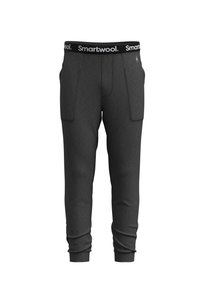 Grå joggerbyxor med midja i svart som har "Smartwool"-logotypen. Inkluderar två framfickor och en avsmalnande bendesign. Mjukt material.