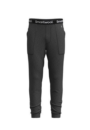Graue Jogginghosen mit einem schwarzen Bund und dem "Smartwool"-Logo. Enthält zwei Fronttaschen und ein schmal zulaufendes Bein-Design. Weiches Material.