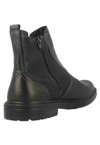Schwarze Leder-Ankle-Boots mit zwei seitlichen Reißverschlüssen, kontrastierenden Nähten, runder Spitze und einer strukturierten Gummisohle.