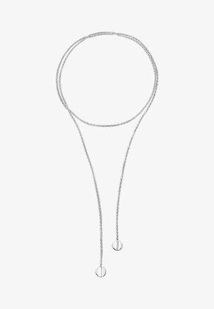 Collier chaîne argentée avec deux extrémités allongées ornées d'accents métalliques ronds, texture lisse, et design simple et minimaliste.