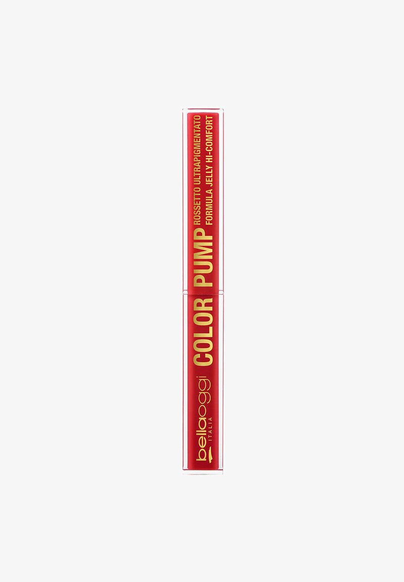 Prodotto per labbra rosso in un tubetto trasparente con scritte dorate. L'etichetta recita "COLOR PUMP" e menziona "ultrapigmentato" e "formula jelly."