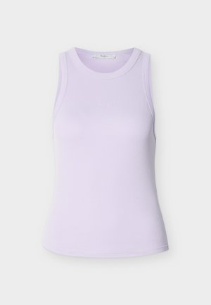 Sleeveless lilac ribbed tank top with a round neckline and small tonal logo embroidered on the chest, displayed on a white background.