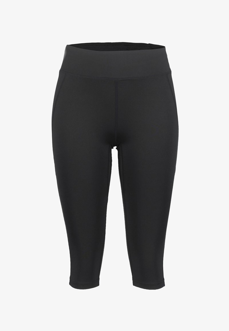 Svarta capri leggings med bred elastisk midja. Tillverkade av ett slätt, stretchigt material med platta sömmar och inga synliga mönster.