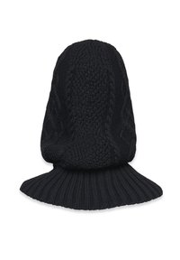 Balaclava neagră tricotată, cu modele de cablu și guler ribb de protecție pentru gât, concepută pentru căldură și acoperire completă a capului.