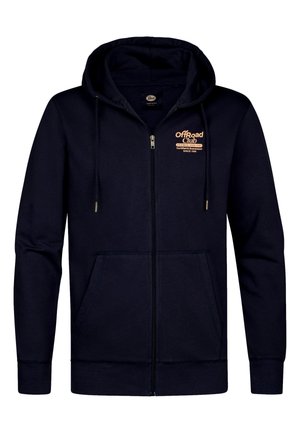 Marineblå hættejakke med lynlås, forlommer og "Off Road Club"-logo på venstre bryst i beige tekst. Snore i hætten har metalender.