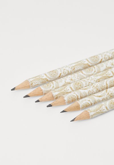 Set of six pencils with light-colored, ornate floral-patterned paper wrapping, wooden shafts, and pointed, black graphite tips.