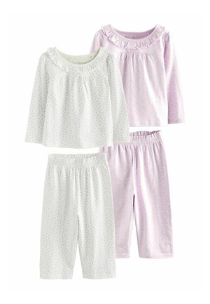 Two sets of long-sleeve tops and pants pajamas for children, one white and one light purple, both with small floral patterns and ruffle collars.