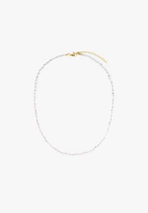 Duidelijke kralenketting met een afwisselend patroon, voorzien van gouden hardware en een verstelbare ketting voor lengteaanpassing.