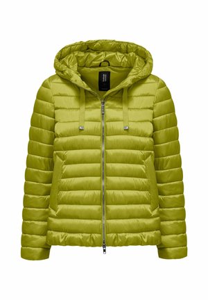 Jasna zielona pikowana kurtka puchowa z kapturem, zamkiem z przodu, dwoma kieszeniami i sznurkami na kapturze.