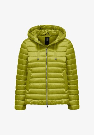Lichtgroene doorgestikte donzen jas met capuchon, voorrits, twee zakken en trekkoorden aan de capuchon.