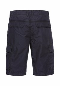 Navy cargo shorts made of durable fabric featuring two side pockets, two back pockets, and a relaxed fit with reinforced stitching.