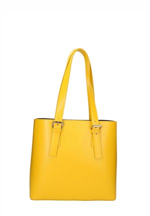 Borsa a tracolla gialla in pelle con due lunghe cinghie, forma rettangolare, texture liscia e accessori in metallo argentato. Nessun motivo visibile.