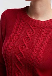 Pull en tricot rouge avec un motif en câble texturé et un col rond côtelé. Le tissu a l'air doux et chaud avec des détails complexes.