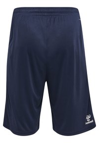 Marina blå idrottsshorts i slätt material, med elastisk midja och en liten vit logotyp i nedre högra hörnet.