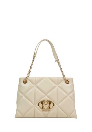 Borsa trapuntata beige con tracolla a catena dorata e logo Love Moschino in oro al centro frontale.